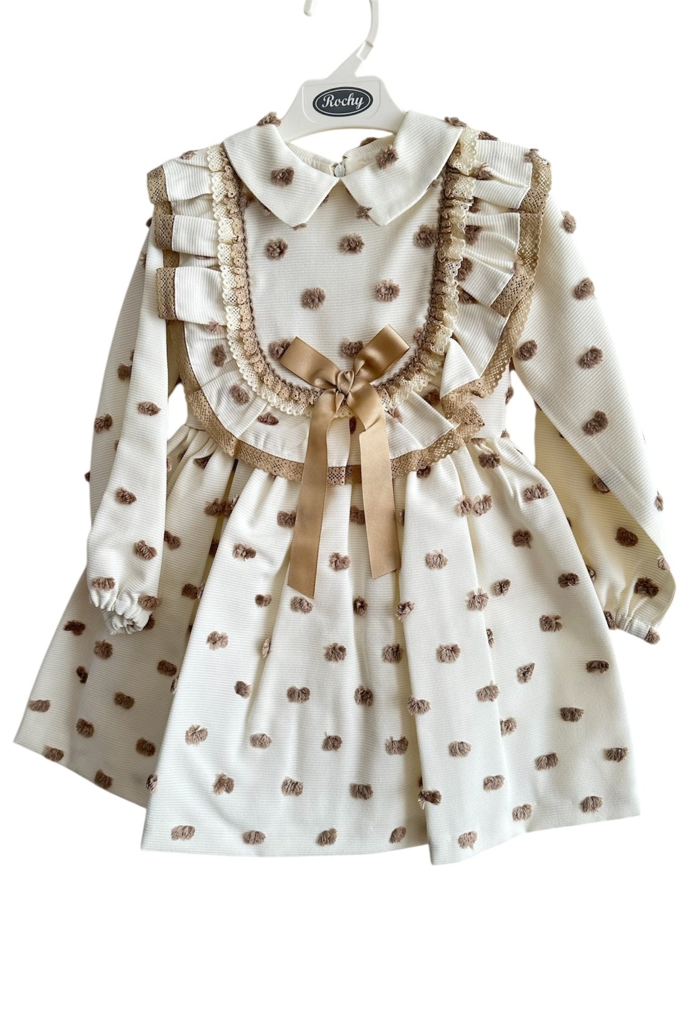 Rochy AW25 - Girl's Motas Cream and Camel Polka Dot Dress