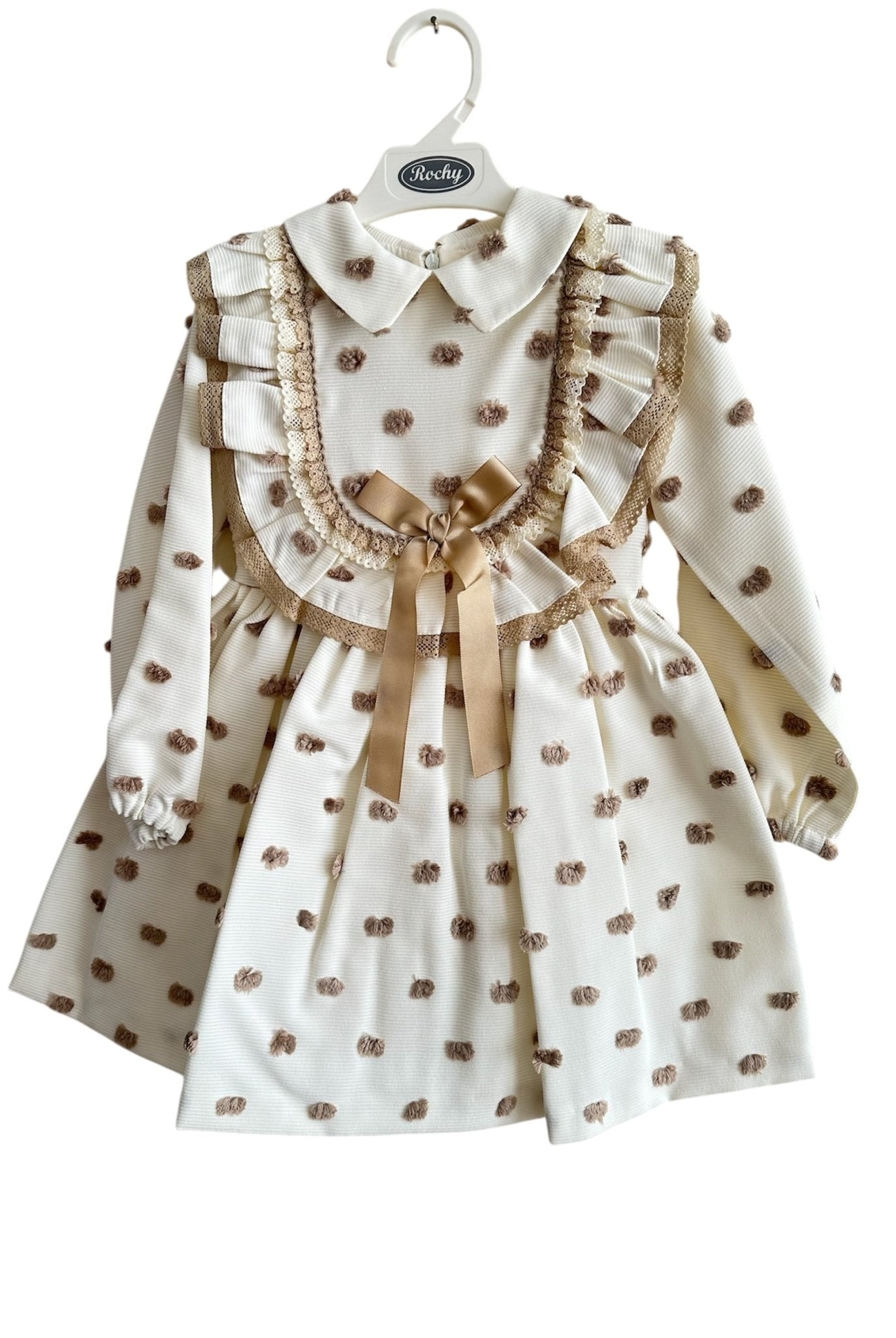 Rochy AW25 - Girl's Motas Cream and Camel Polka Dot Dress