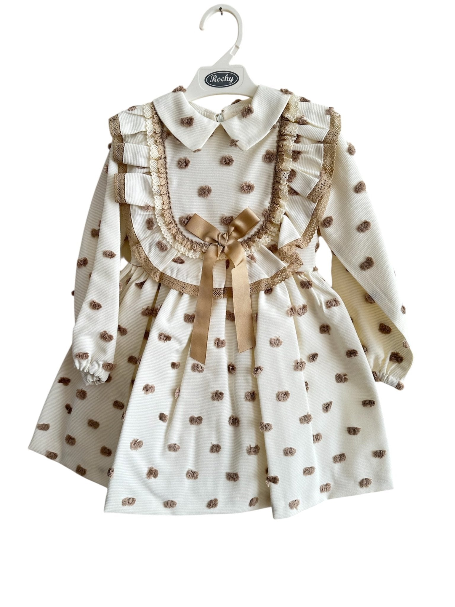Rochy AW25 - Girl's Motas Cream and Camel Polka Dot Dress