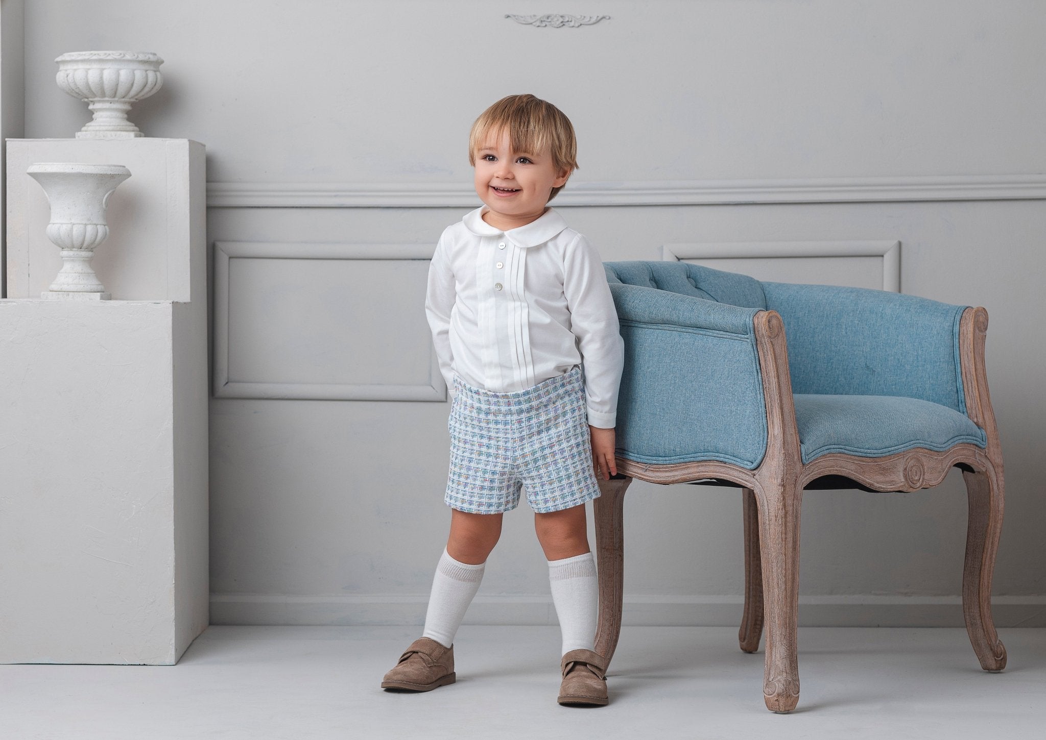 New for AW25 by Rochy boys Chanel blue tweed shorts & shirt set.