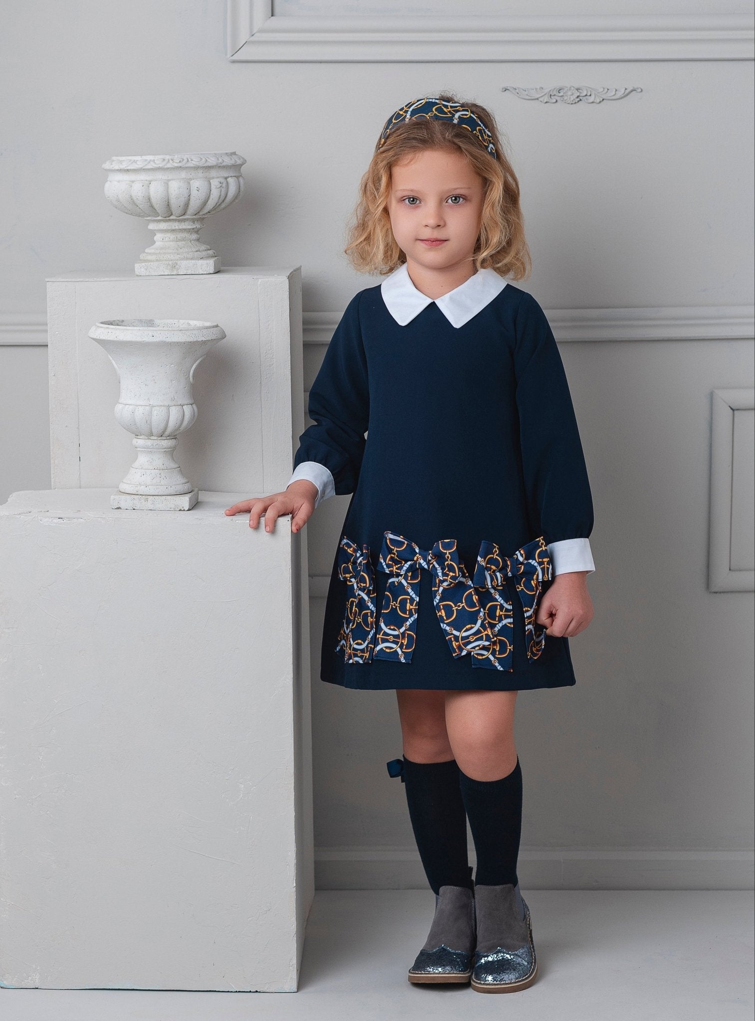 New for AW25 by Rochy Girl's Navy Vintage Chains Dress with Peter Pan Collar.