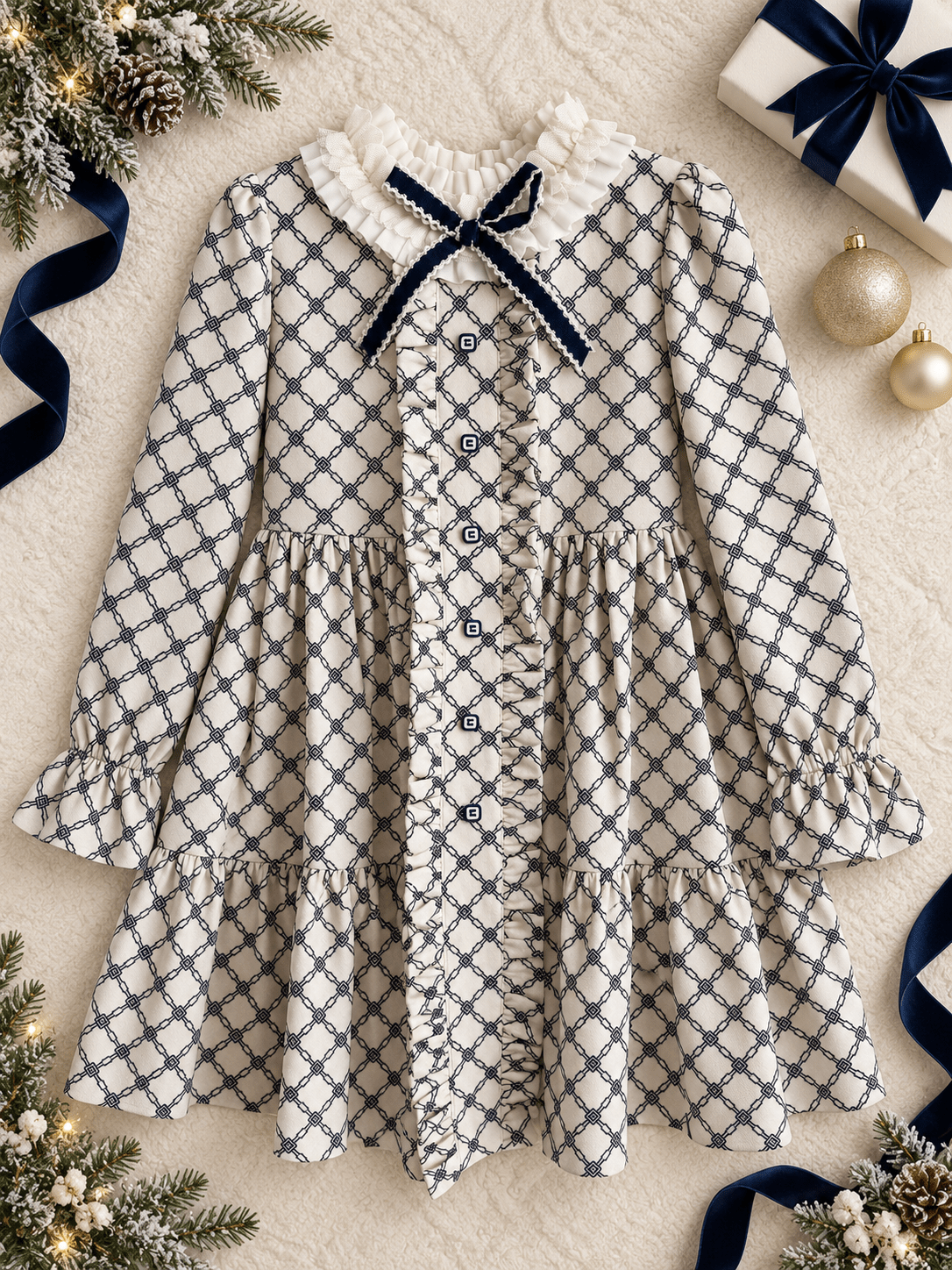 Rochy Girls Cream & Navy Geometric Print Dress | AW26
