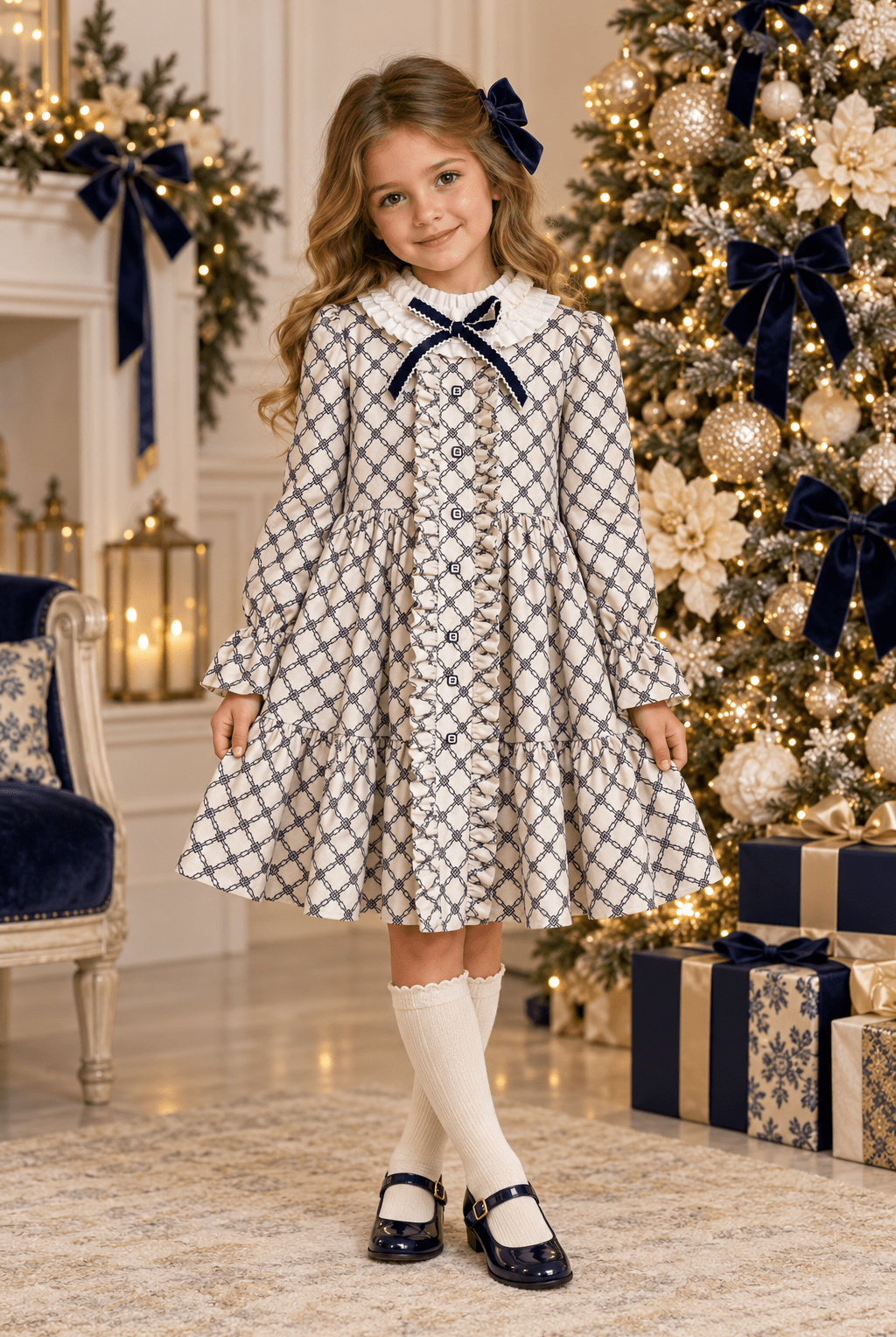 Rochy Girls Cream & Navy Geometric Print Dress | AW26