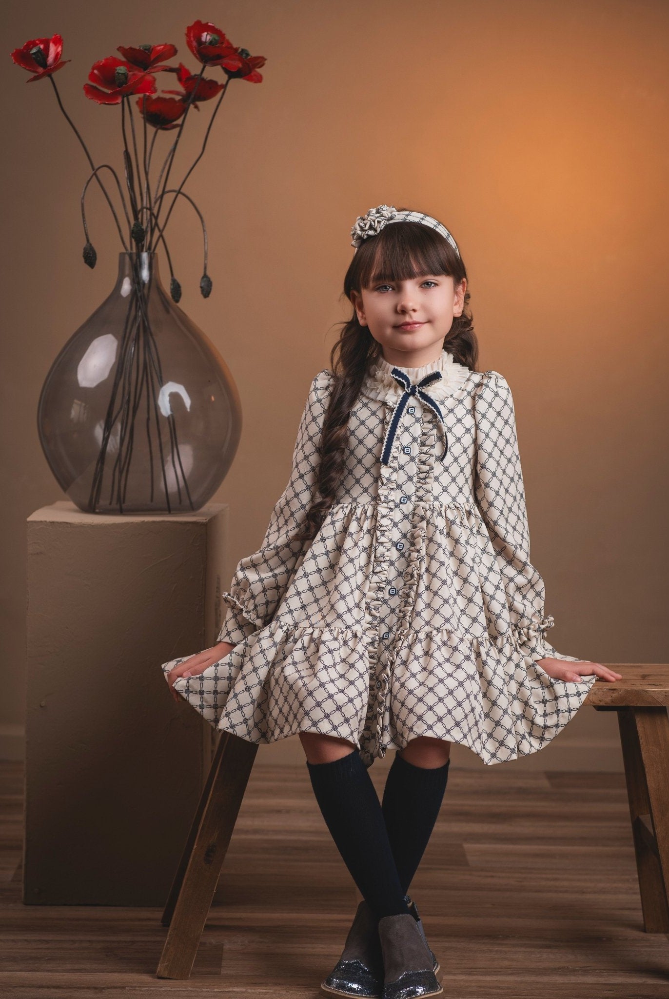 Rochy Girls Cream & Navy Geometric Print Dress | AW26 PRE-ORDER
