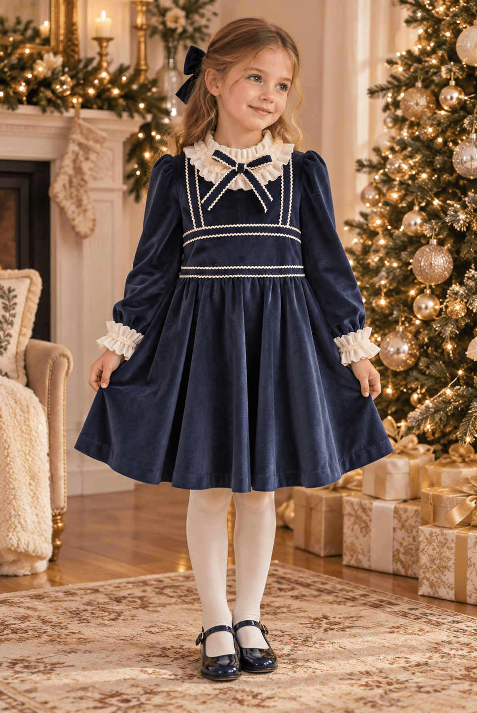 Rochy Girls Geometric Navy & Cream Print Dress | AW26 PRE-ORDER