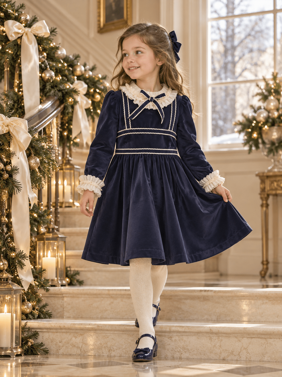 Rochy Girls Geometric Navy & Cream Print Dress | AW26 PRE-ORDER