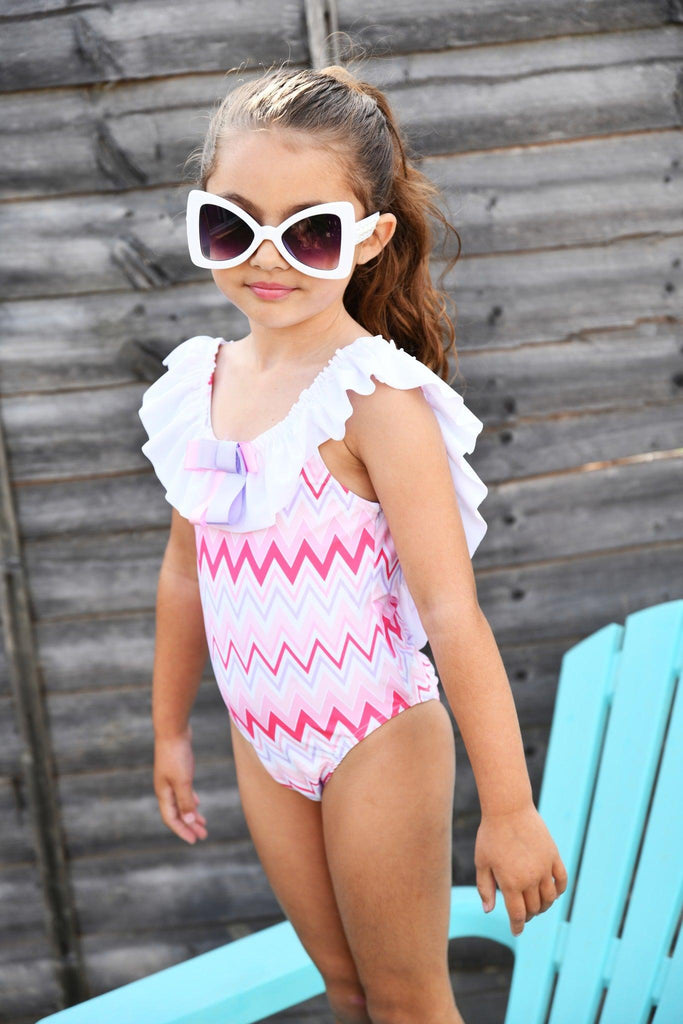 Rochy SS24 - Girls Zig Zag White, Lilac & Pink Swimsuit - Mariposa Children's Boutique
