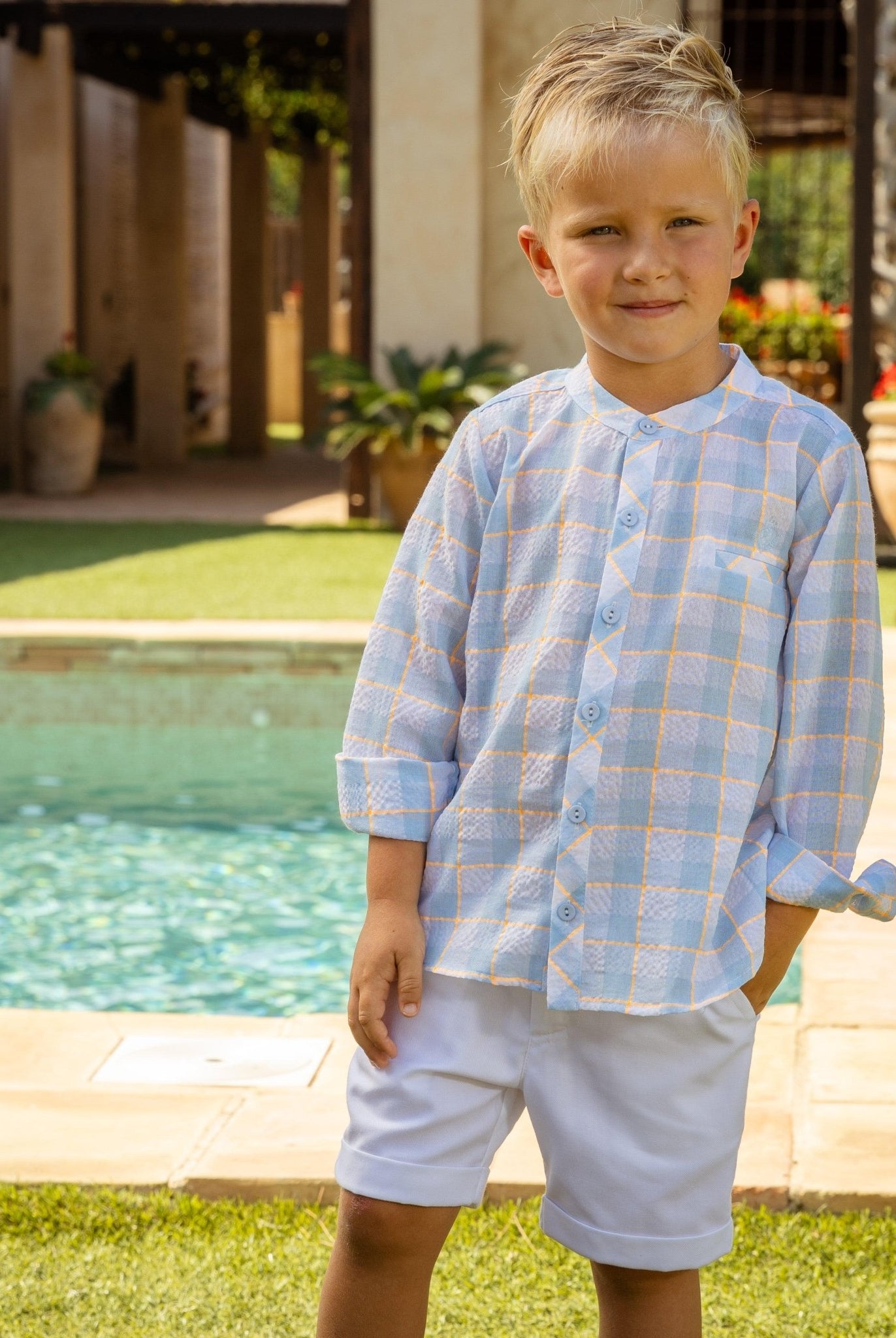Rochy SS25 - Boys White, Baby Blue & Neon Orange Check Shirt and Shorts - Mariposa Children's Boutique