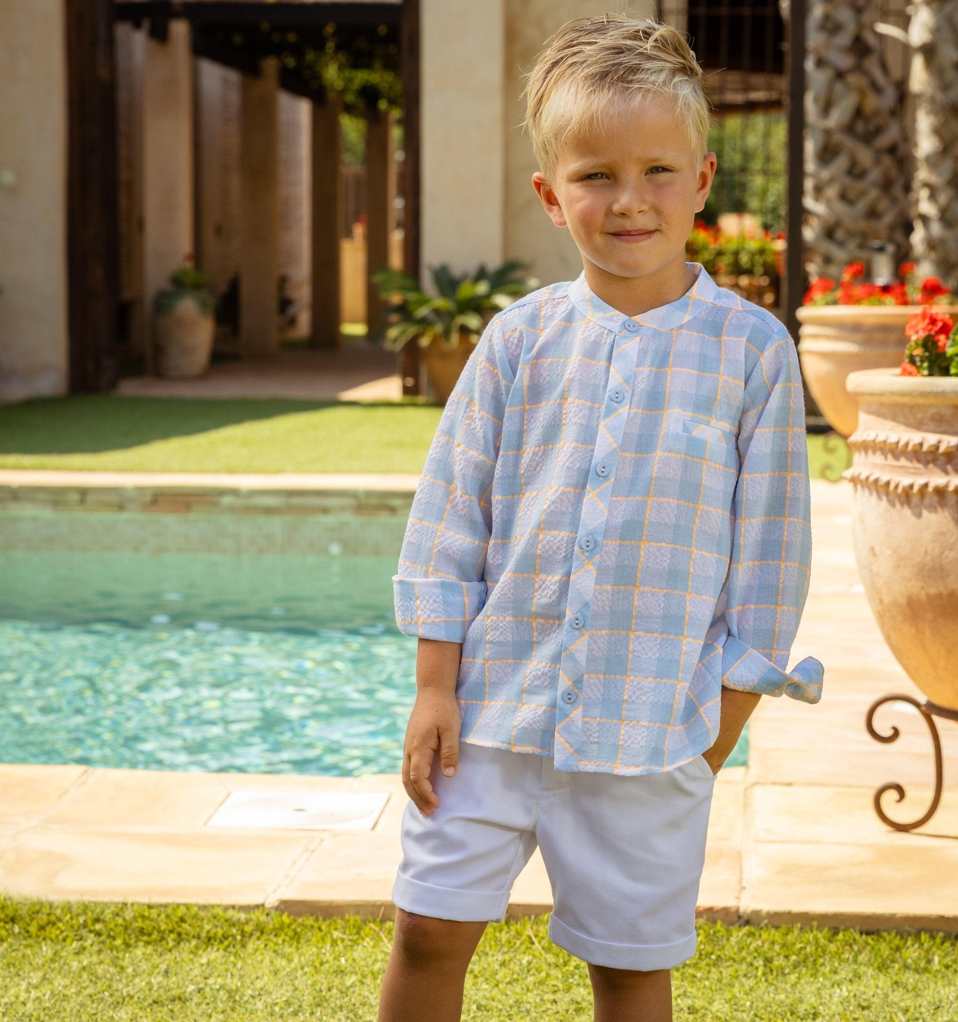 Rochy SS25 - Boys White, Baby Blue & Neon Orange Check Shirt and Shorts - Mariposa Children's Boutique