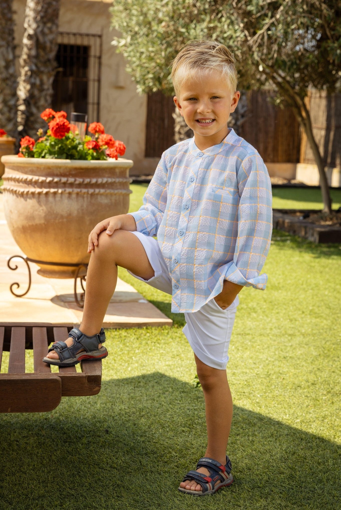 Rochy SS25 - Boys White, Baby Blue & Neon Orange Check Shirt and Shorts - Mariposa Children's Boutique