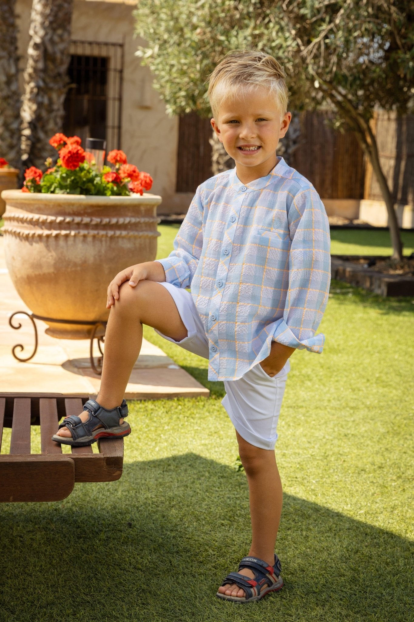 Rochy SS25 - Boys White, Baby Blue & Neon Orange Check Shirt and Shorts - Mariposa Children's Boutique
