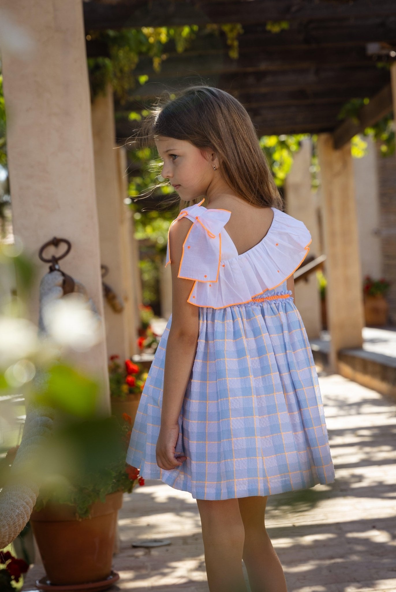 Rochy SS25 - Girls Fluor Baby Blue & Neon Orange Summer Dress - Mariposa Children's Boutique