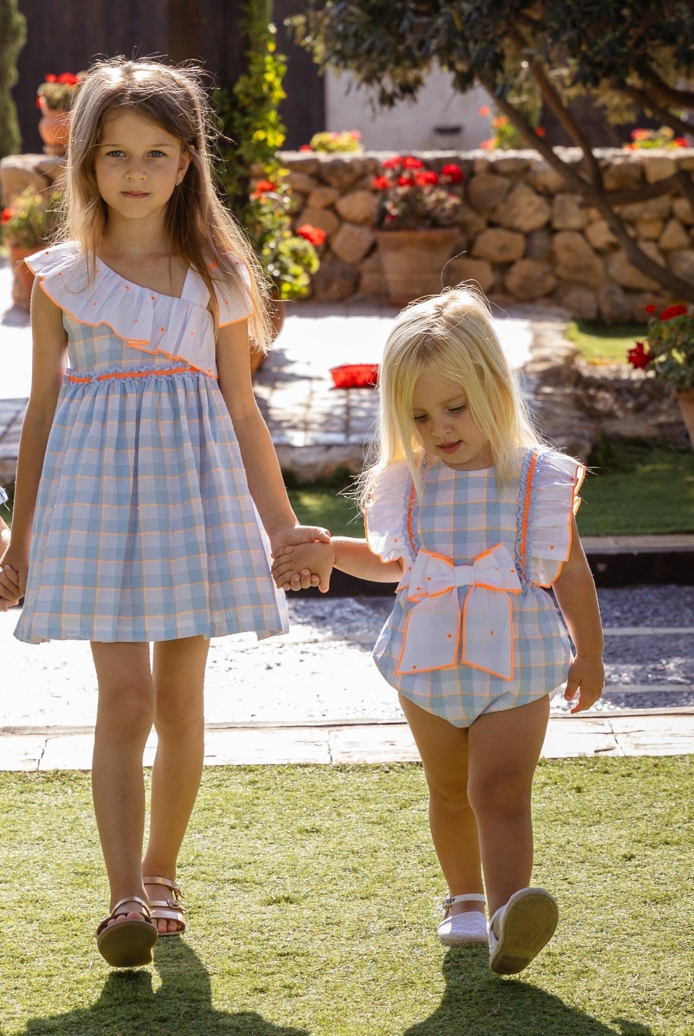 Rochy SS25 - Girls Fluor Baby Blue & Neon Orange Summer Dress - Mariposa Children's Boutique