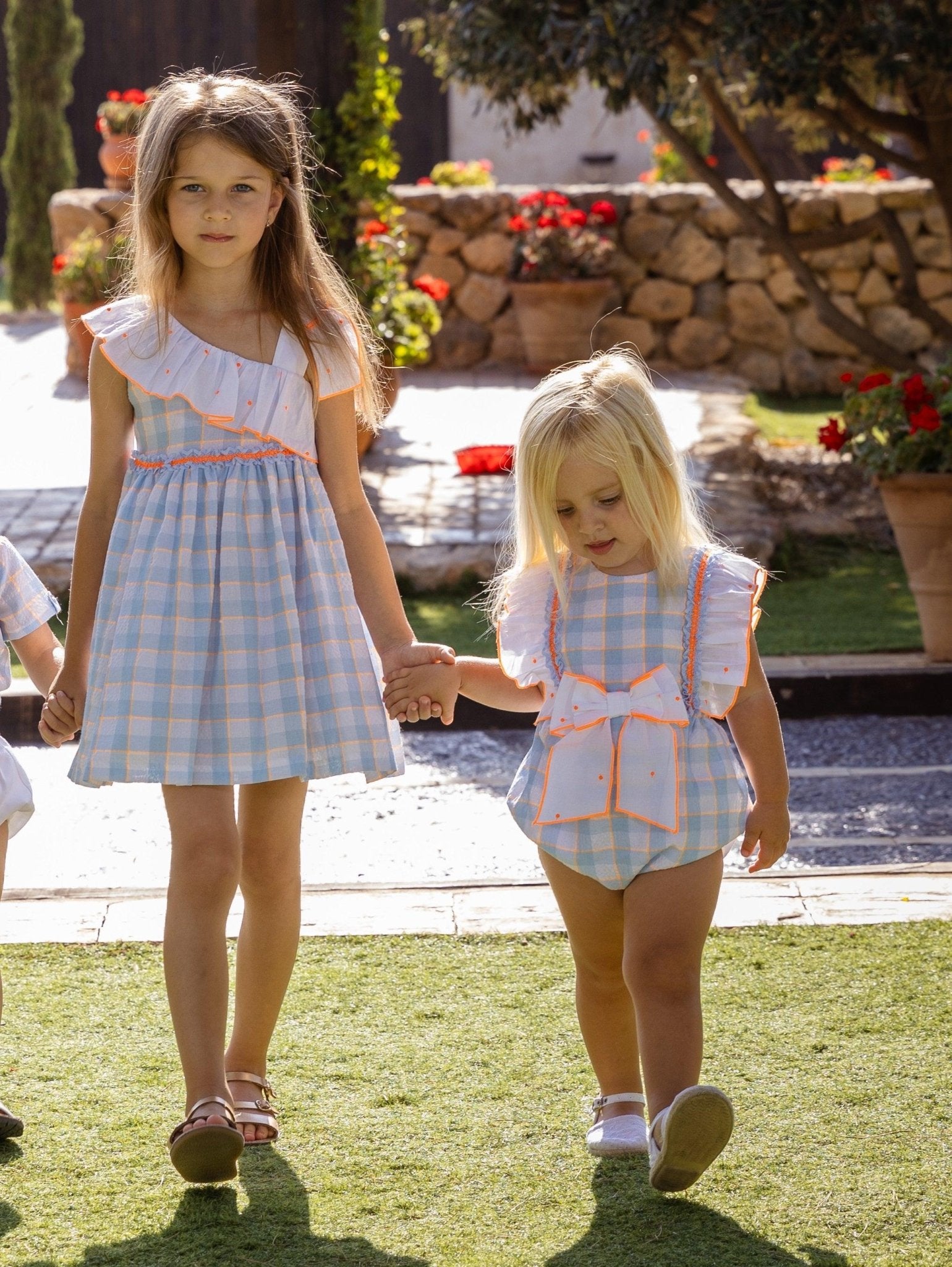 Rochy SS25 - Girls Fluor Baby Blue & Neon Orange Summer Dress - Mariposa Children's Boutique
