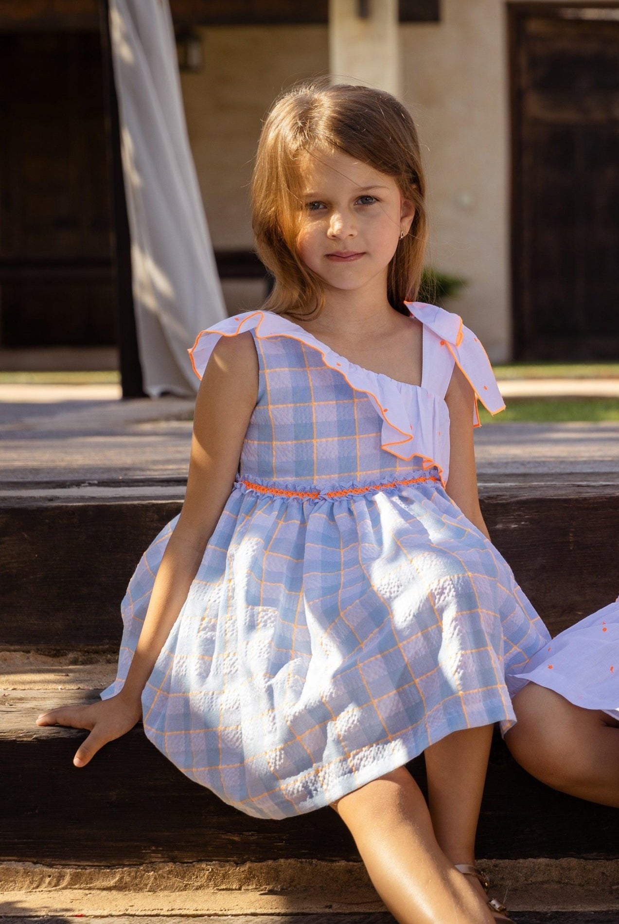 Rochy SS25 - Girls Fluor Baby Blue & Neon Orange Summer Dress - Mariposa Children's Boutique