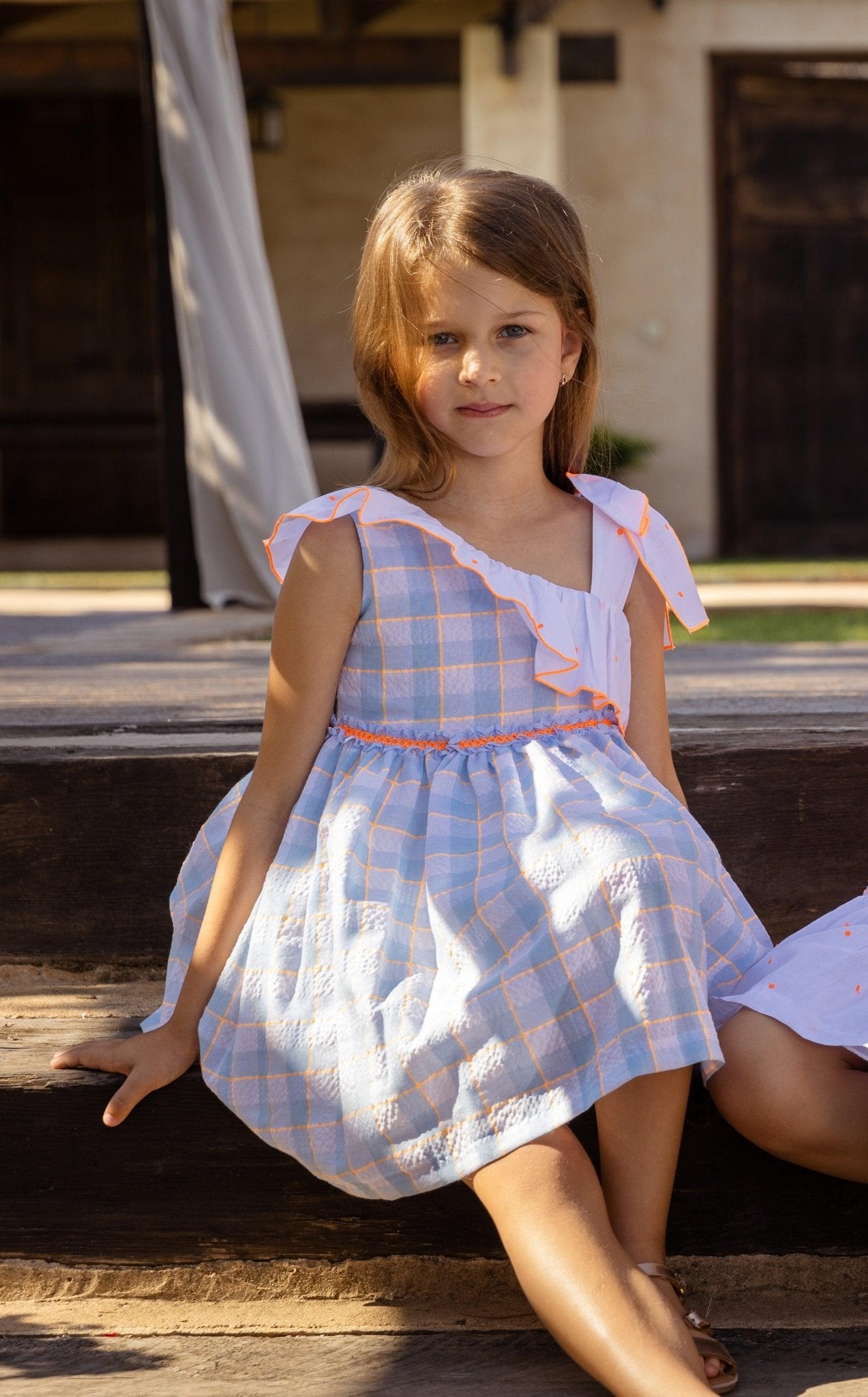 Rochy SS25 - Girls Fluor Baby Blue & Neon Orange Summer Dress - Mariposa Children's Boutique