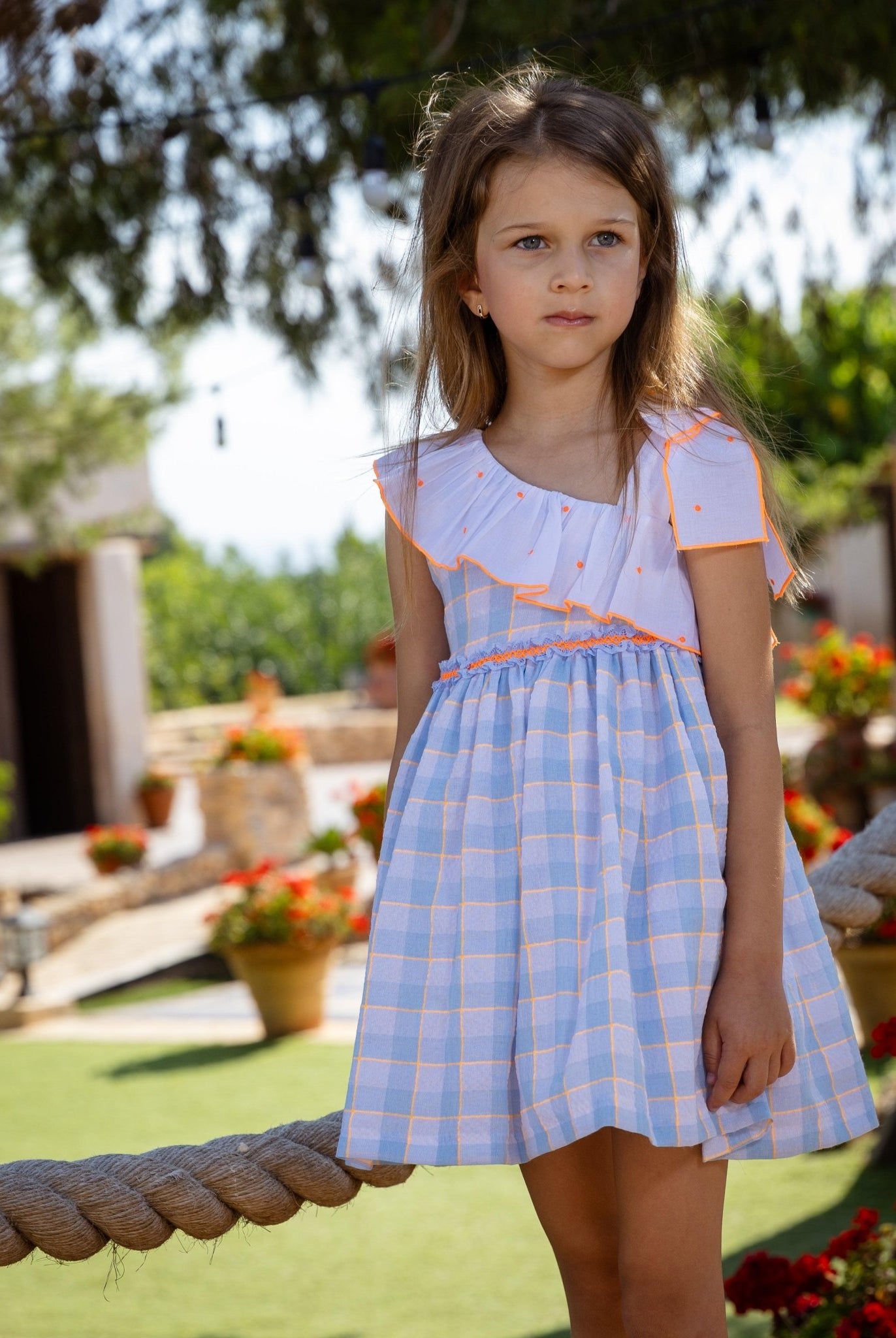 Rochy SS25 - Girls Fluor Baby Blue & Neon Orange Summer Dress - Mariposa Children's Boutique