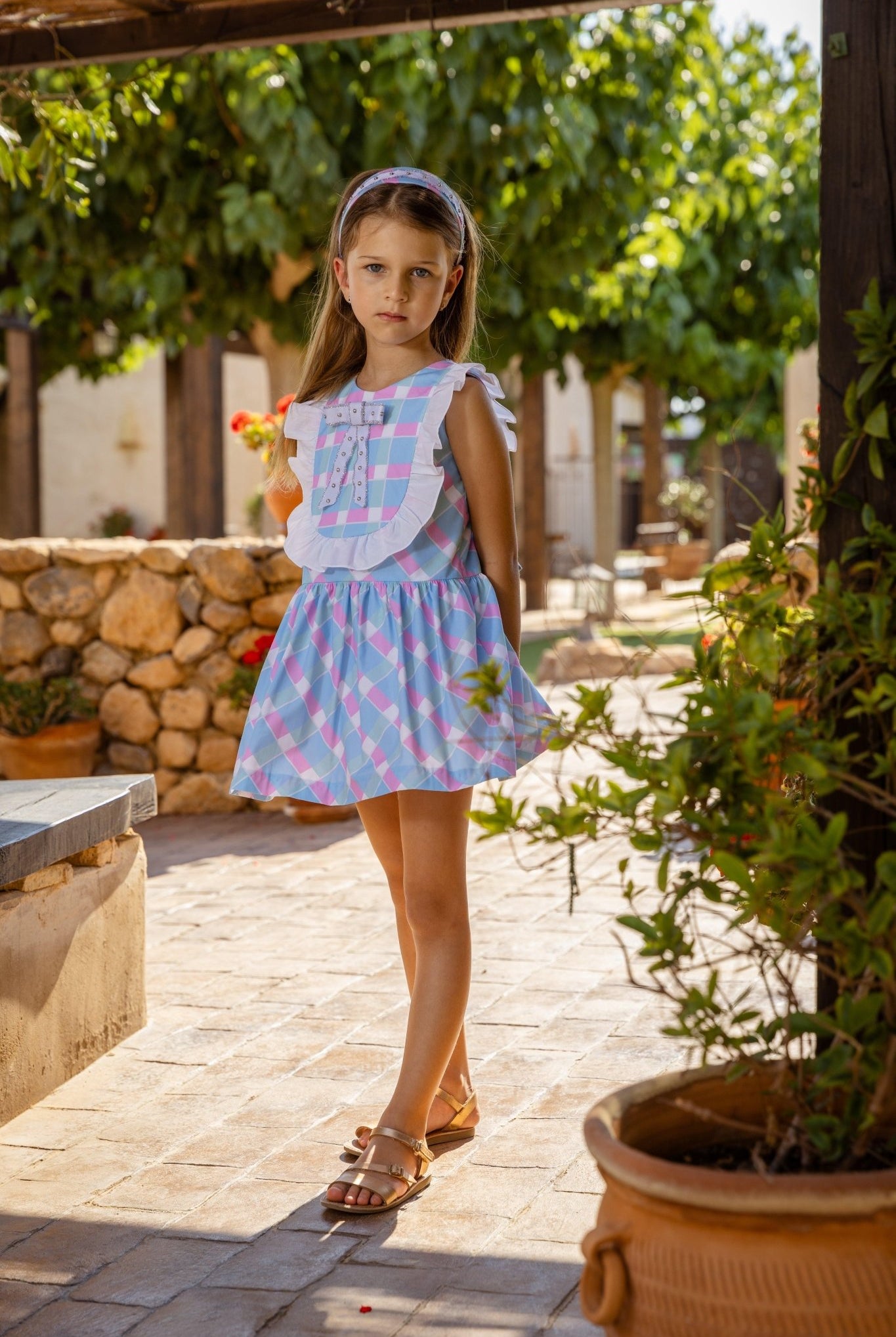 Rochy SS25 - Girls White, Blue & Pink Print Summer Dress 25359 - Mariposa Children's Boutique