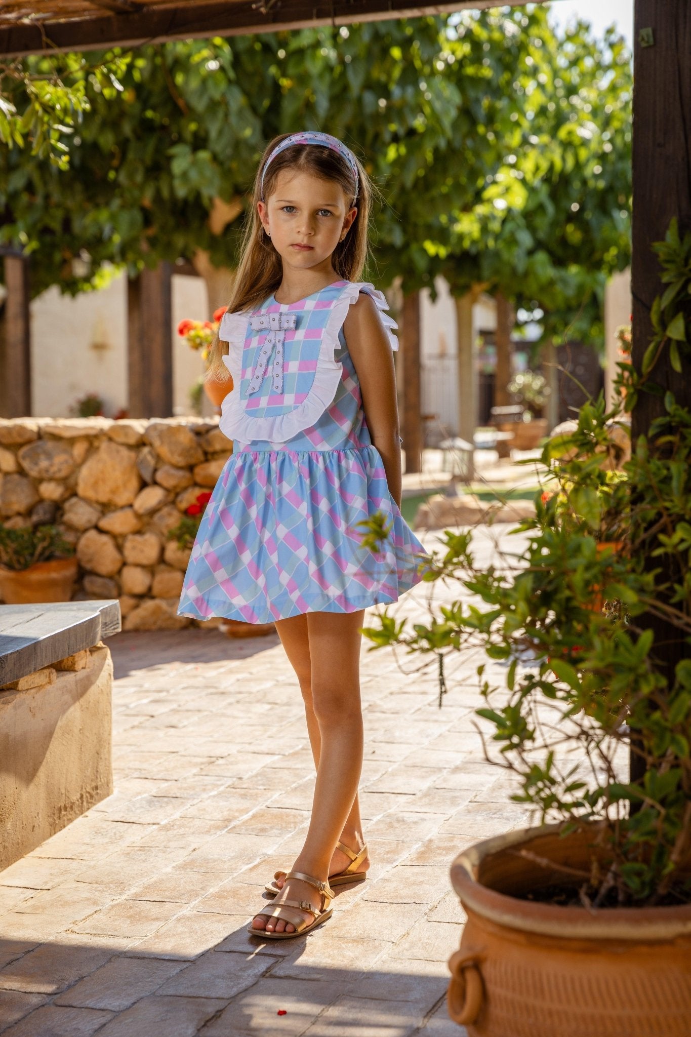 Rochy SS25 - Girls White, Blue & Pink Print Summer Dress 25359 - Mariposa Children's Boutique