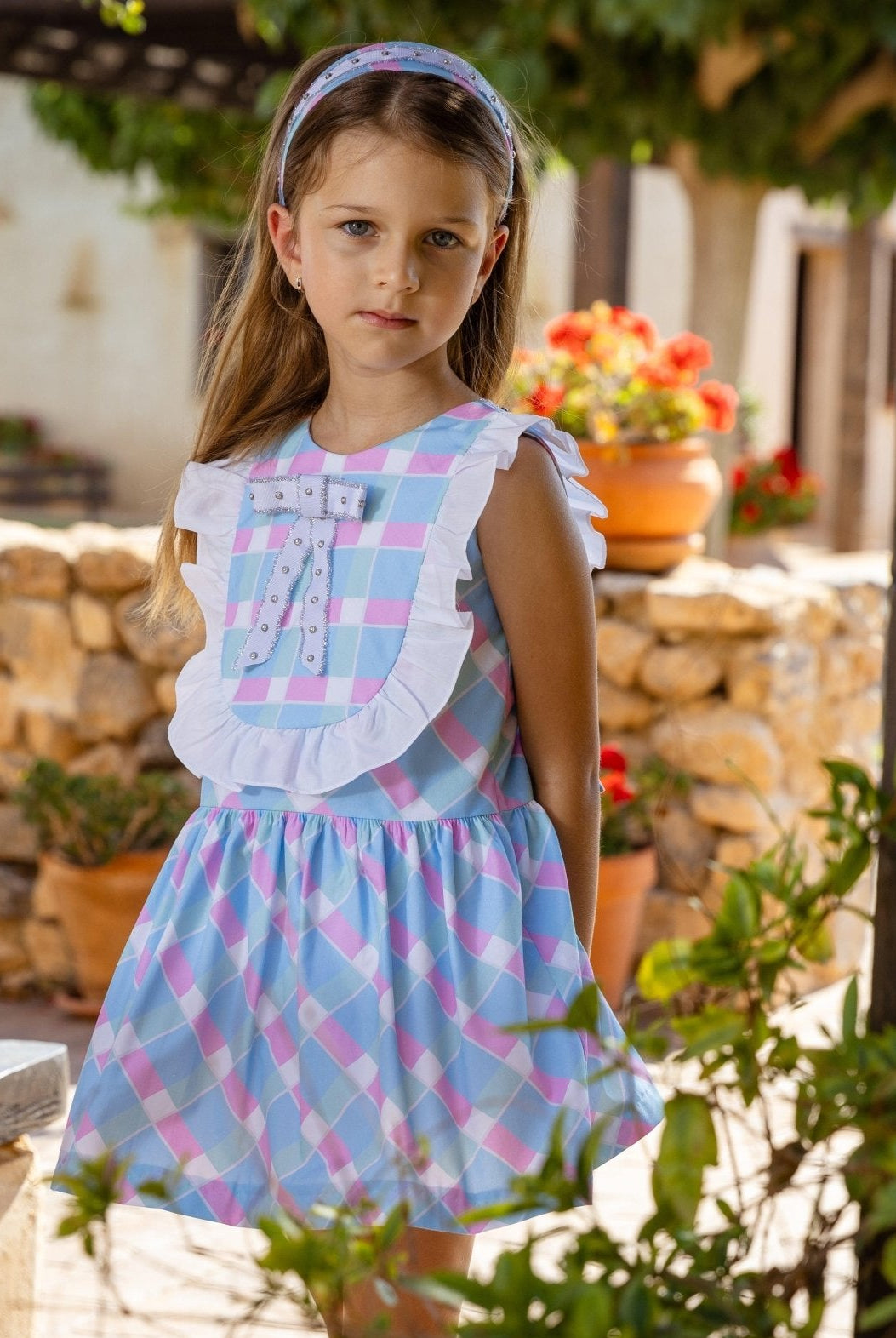 Rochy SS25 - Girls White, Blue & Pink Print Summer Dress 25359 - Mariposa Children's Boutique