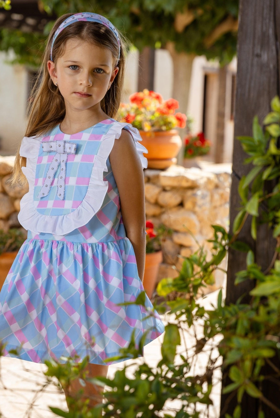 Rochy SS25 - Girls White, Blue & Pink Print Summer Dress 25359 - Mariposa Children's Boutique