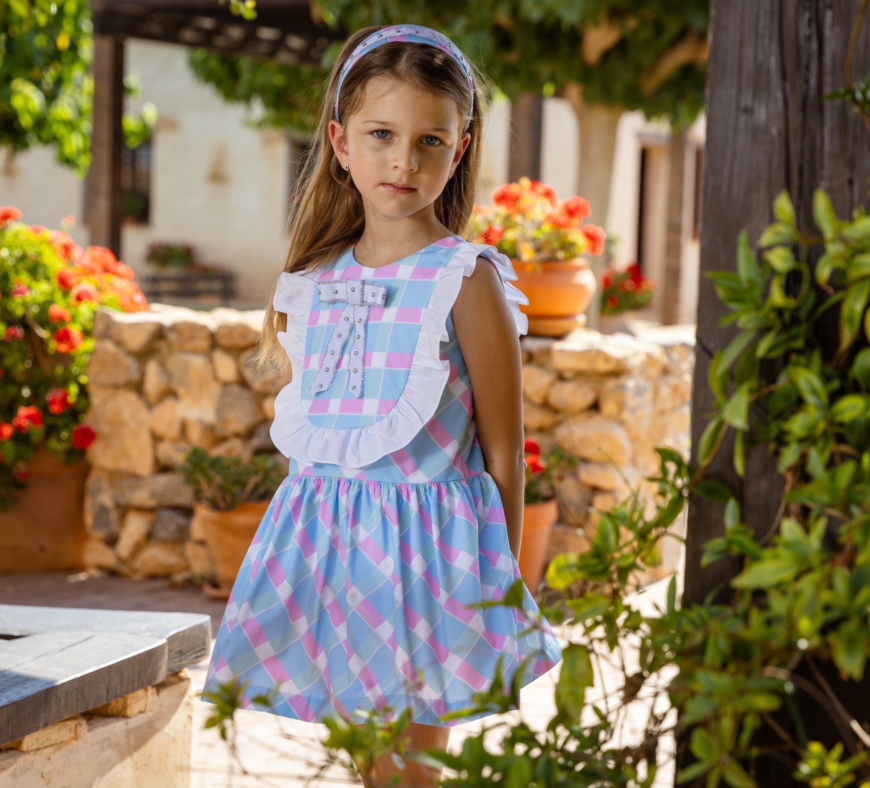 Rochy SS25 - Girls White, Blue & Pink Print Summer Dress 25359 - Mariposa Children's Boutique
