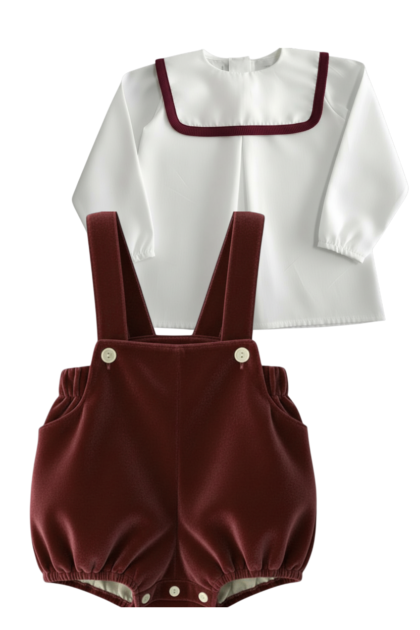 Be Chic baby boys burgundy velvet romper with ivory shirt luxury Portuguese baby outfit AW26