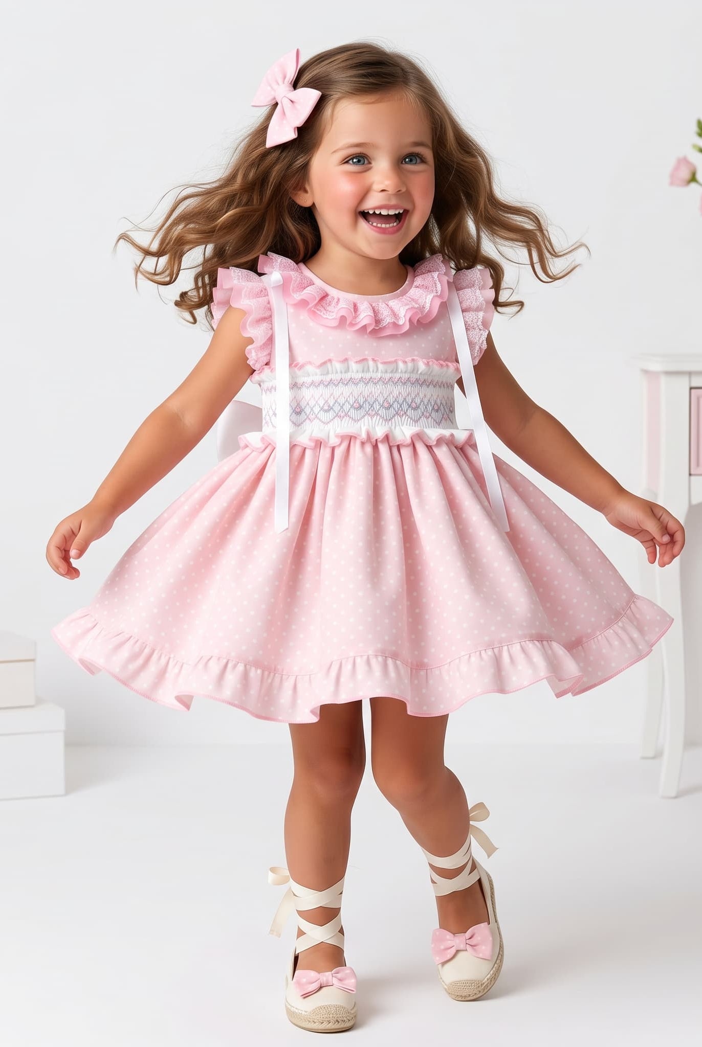 Young girl in a pink smocked Sonata dress with ruffles standing in a bright room.