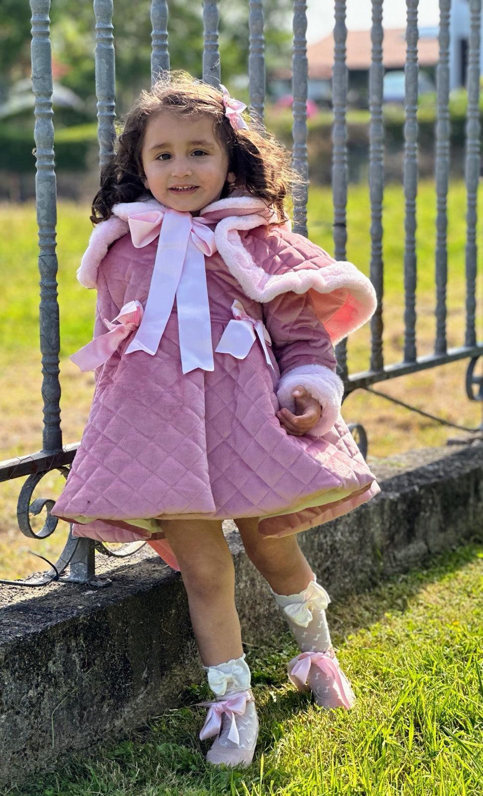 Sonata AW24 PRE - ORDER - Girls Pink Velvet Coat & Cape with Fur Trims - Mariposa Children's Boutique