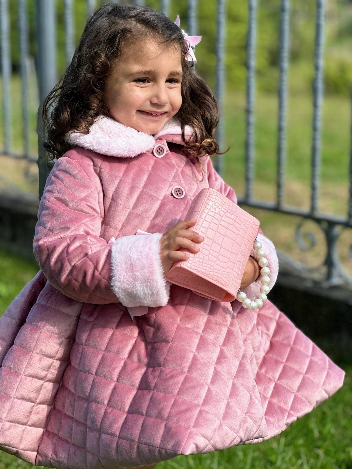 Sonata AW24 PRE - ORDER - Girls Pink Velvet Coat & Cape with Fur Trims - Mariposa Children's Boutique