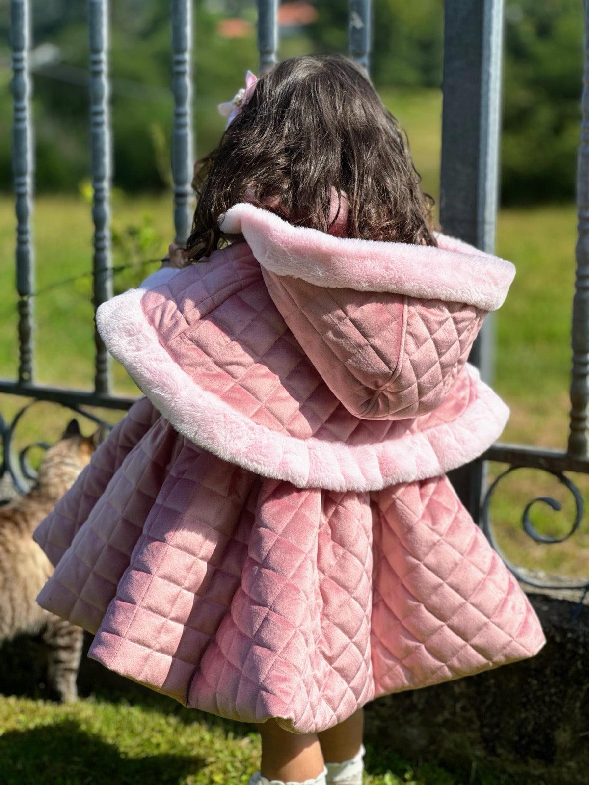 Sonata AW24 PRE - ORDER - Girls Pink Velvet Coat & Cape with Fur Trims - Mariposa Children's Boutique