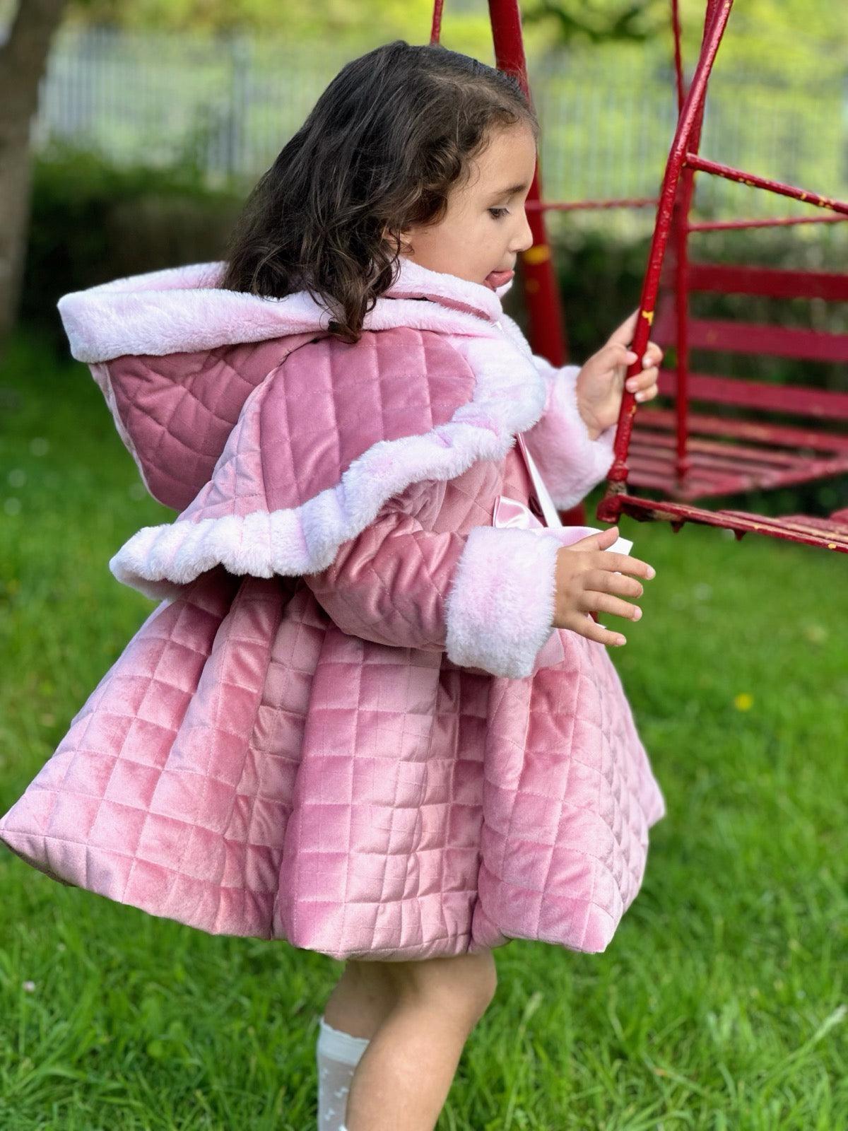 Sonata AW24 PRE - ORDER - Girls Pink Velvet Coat & Cape with Fur Trims - Mariposa Children's Boutique