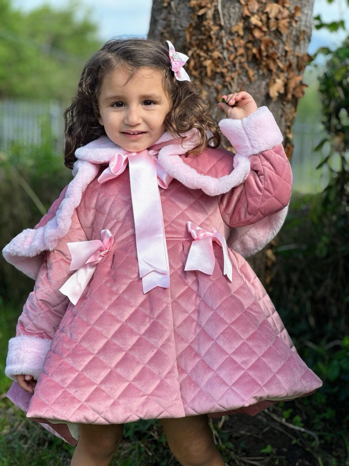 Sonata AW24 PRE - ORDER - Girls Pink Velvet Coat & Cape with Fur Trims - Mariposa Children's Boutique