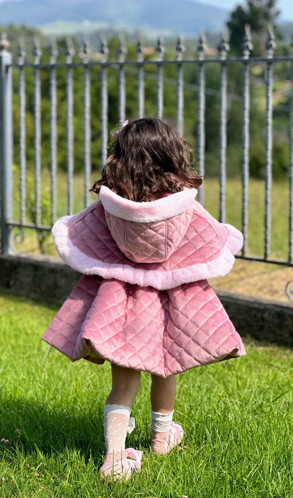 Sonata AW24 PRE - ORDER - Girls Pink Velvet Coat & Cape with Fur Trims - Mariposa Children's Boutique