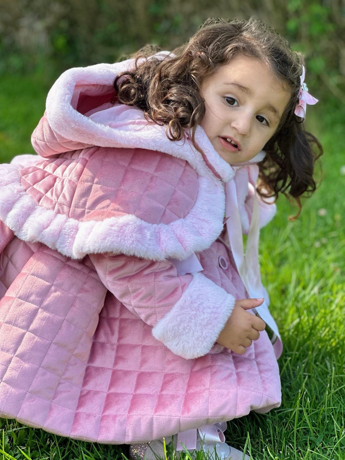 Sonata AW24 PRE - ORDER - Girls Pink Velvet Coat & Cape with Fur Trims - Mariposa Children's Boutique