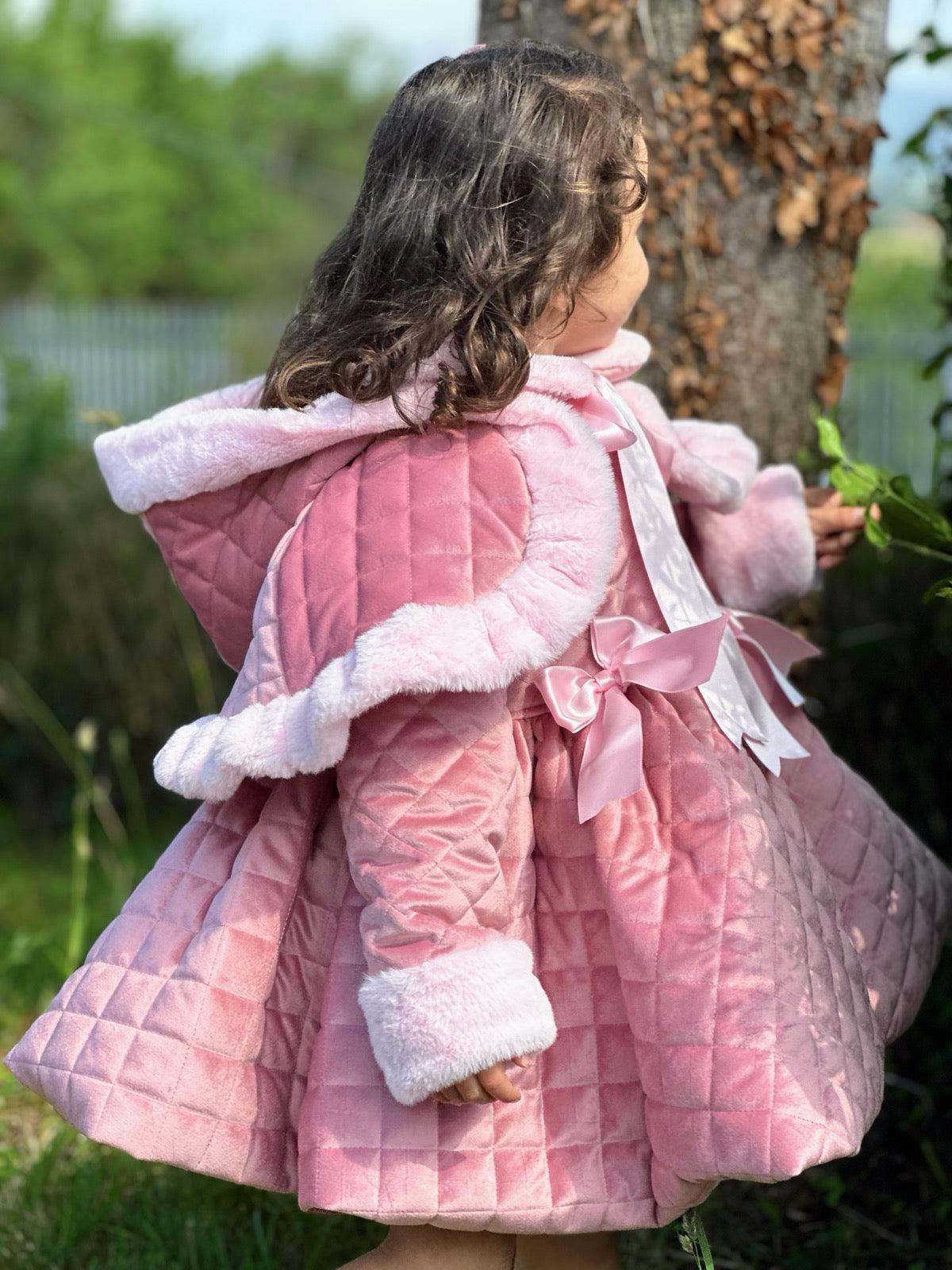 Sonata AW24 PRE - ORDER - Girls Pink Velvet Coat & Cape with Fur Trims - Mariposa Children's Boutique