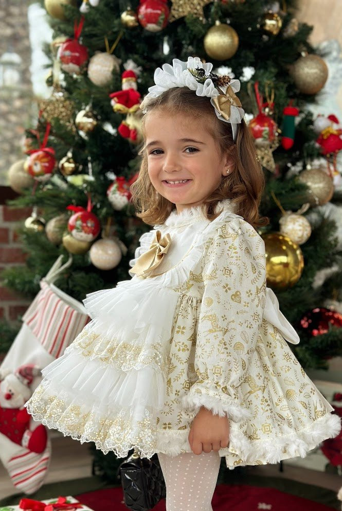 Sonata AW25 - Girls Cream and Gold Christmas Dress & Headpiece