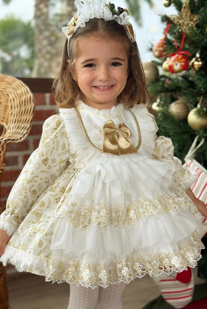 Sonata AW25 - Girls Cream and Gold Christmas Dress & Headpiece