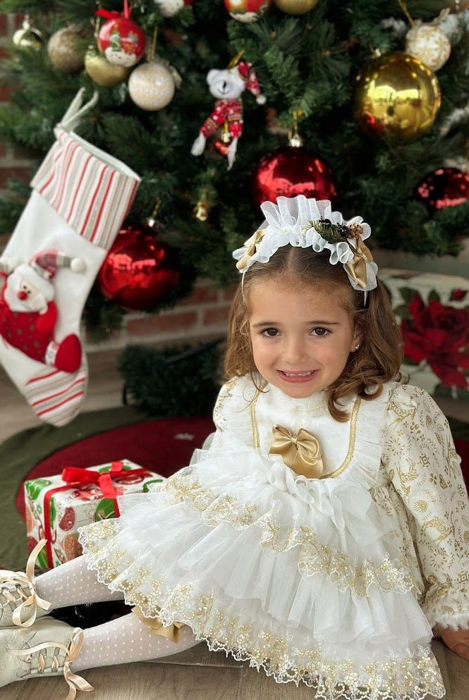 Sonata AW25 - Girls Cream and Gold Christmas Dress & Headpiece