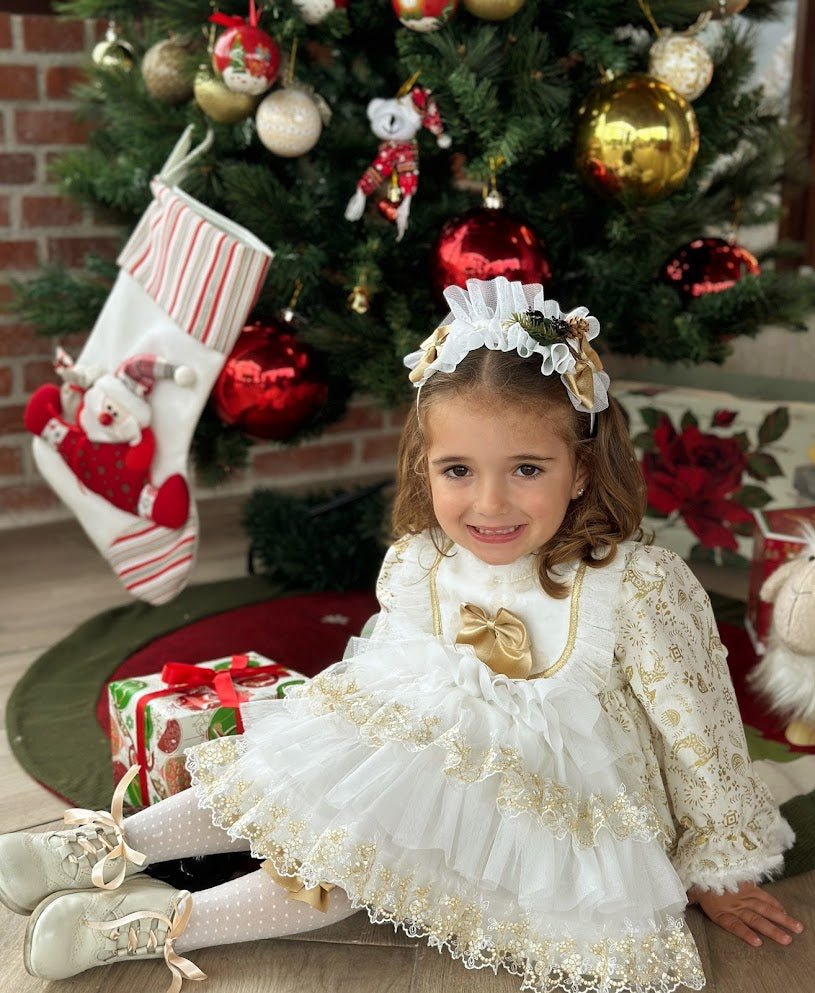 Sonata AW25 - Girls Cream and Gold Christmas Dress & Headpiece
