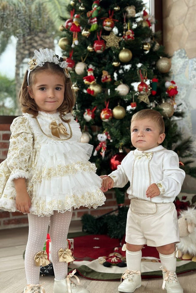 Sonata AW25 - Girls Cream and Gold Christmas Dress & Headpiece