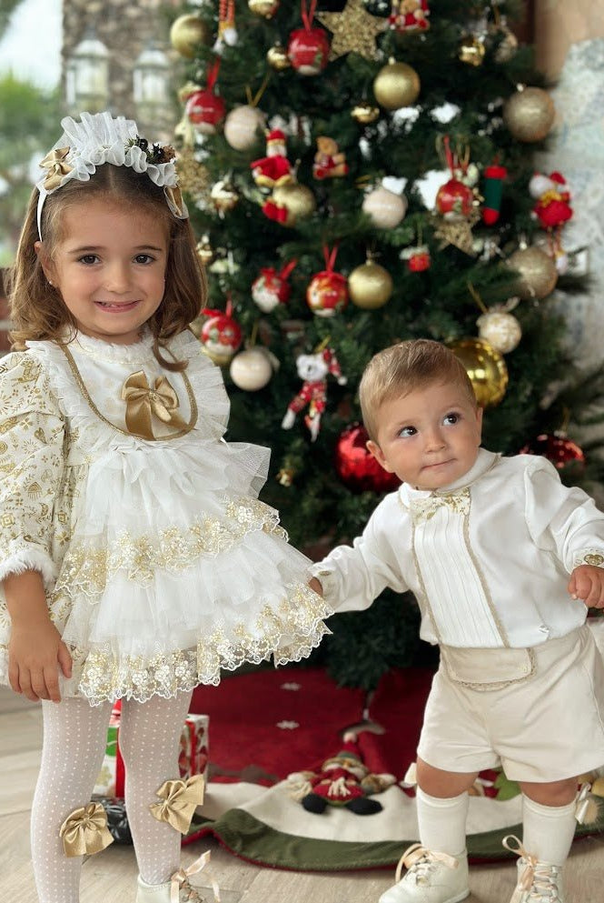Sonata AW25 - Girls Cream and Gold Christmas Dress & Headpiece