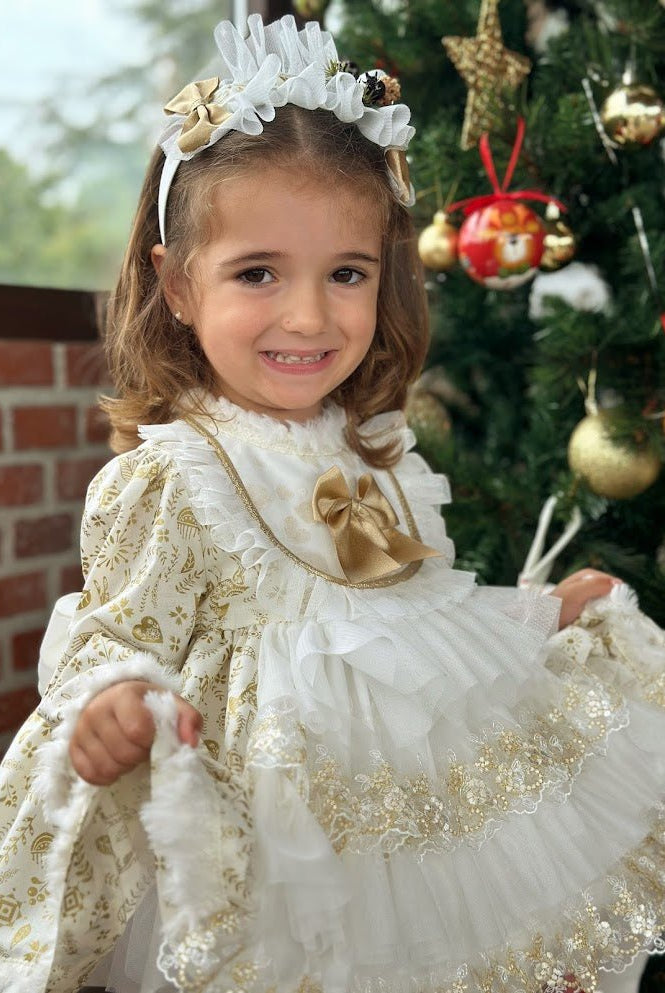Sonata AW25 - Girls Cream and Gold Christmas Dress & Headpiece