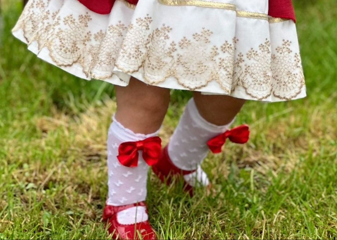 Sonata AW25 - Girl's Ivory Lace Socks with Red Bow ( MADE TO ORDER ) - Mariposa Children's Boutique