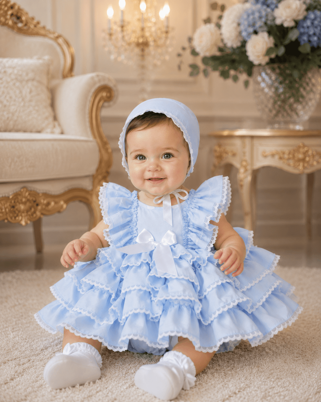 Artesania Sonata baby girls blue ruffle Spanish dress with matching bonnet age 12 months handmade in Spain