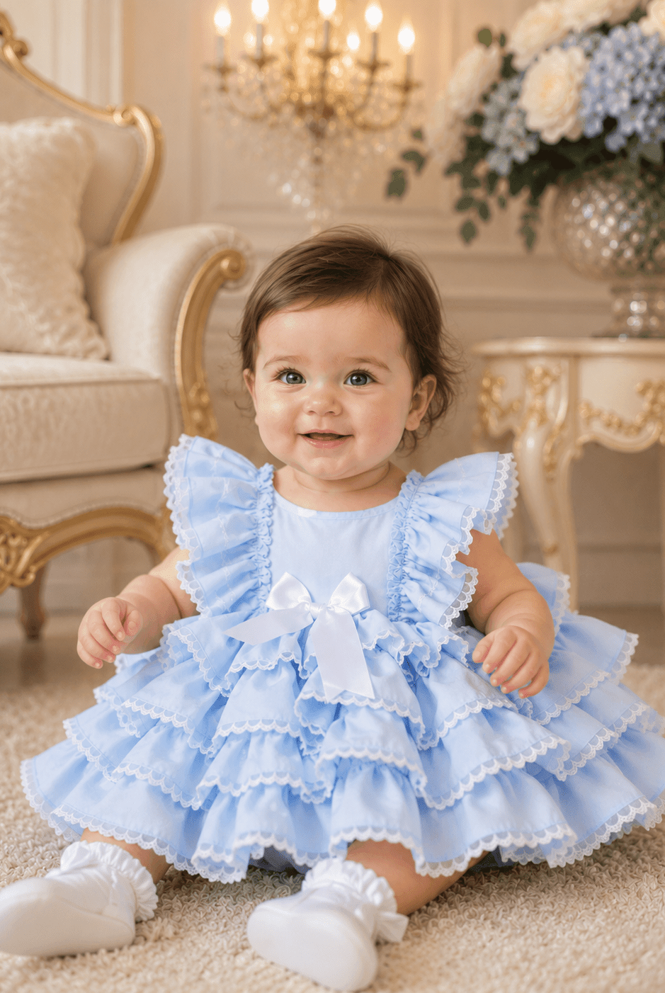 Artesania Sonata baby girls blue ruffle Spanish dress with matching bonnet age 12 months handmade in Spain