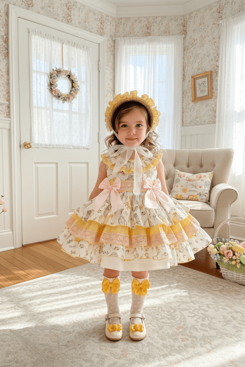 Sonata EASTER Made to Order - Girls Easter Print Cream, Pink & Yellow Puffball Dress