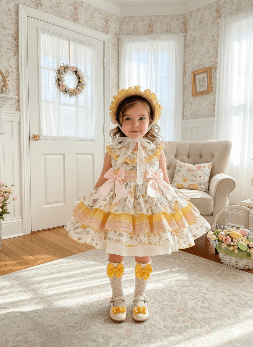 Sonata EASTER Made to Order - Girls Easter Print Cream, Pink & Yellow Puffball Dress