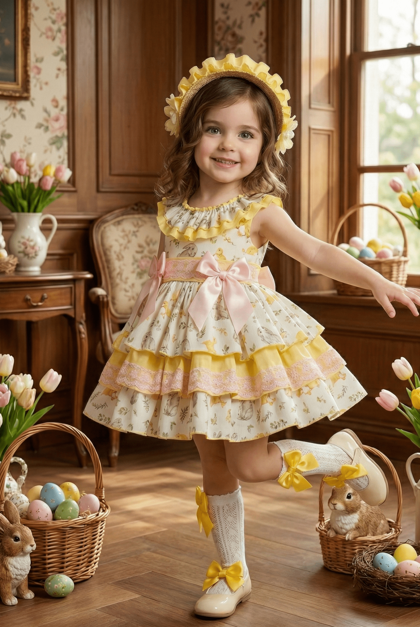 Sonata EASTER Made to Order - Girls Easter Print Cream, Pink & Yellow Puffball Dress