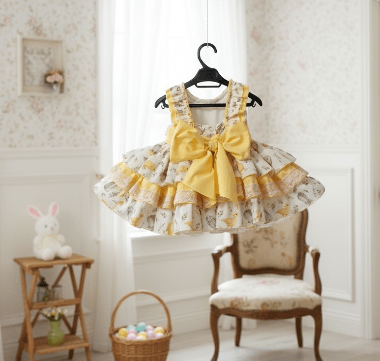 Sonata EASTER Made to Order - Girls Easter Print Cream, Pink & Yellow Puffball Dress
